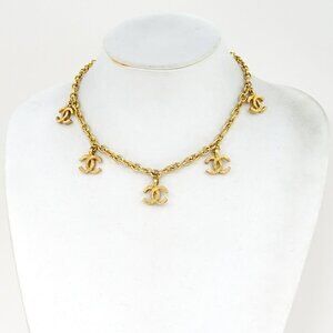 CHANEL CC Logos 5 Charm Necklace 16" Gold Tone Auth